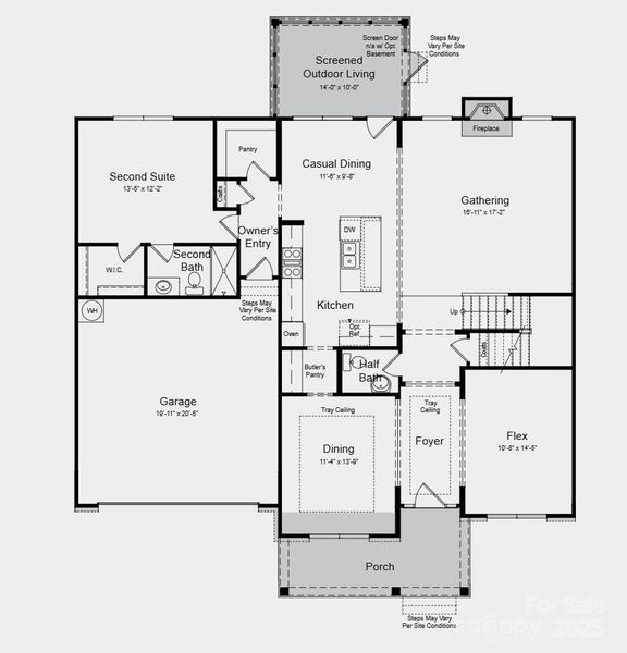 Additional highlights include: tray ceilings, fireplace in great room, metal roof in place of shingles, door from primary closet to laundry room, screened covered outdoor living, ledge at primary shower, additional bathroom upstairs.