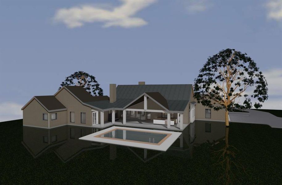 Rear view of house with an outdoor pool, a chimney, and a patio area