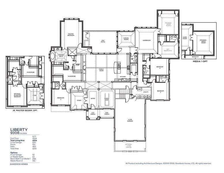 2D floor plan layout for the Liberty - SH 9308 by Shaddock Homes in King's Crossing - Phase 5 & 6, Parker, TX (Image 3).