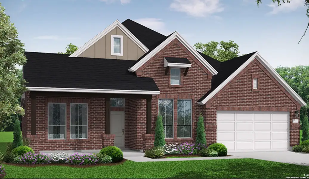 Front exterior of a new home in Buffalo Crossing, Cibolo, TX, highlighting curb appeal (Image 1).