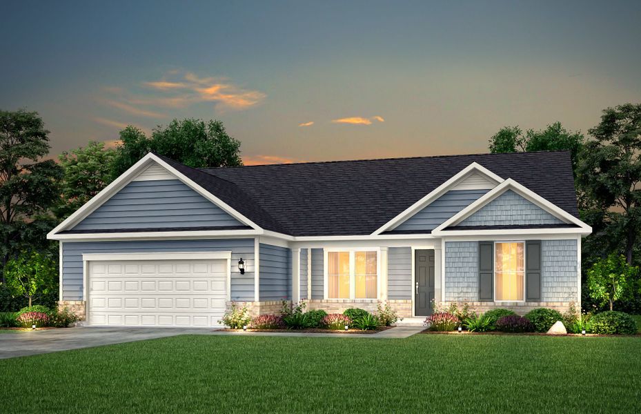 Front exterior of a new home in Sun City Peachtree, Griffin, GA, highlighting curb appeal (Image 1). Front exterior of a new home in Sun City Peachtree, Griffin, GA, highlighting curb appeal (Image 1).