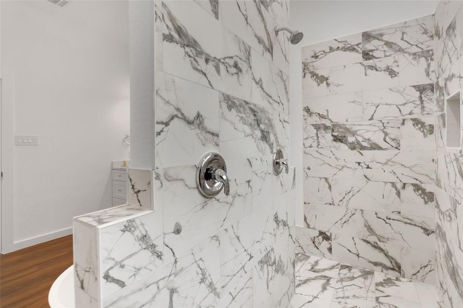 walk-in shower with dual shower heads