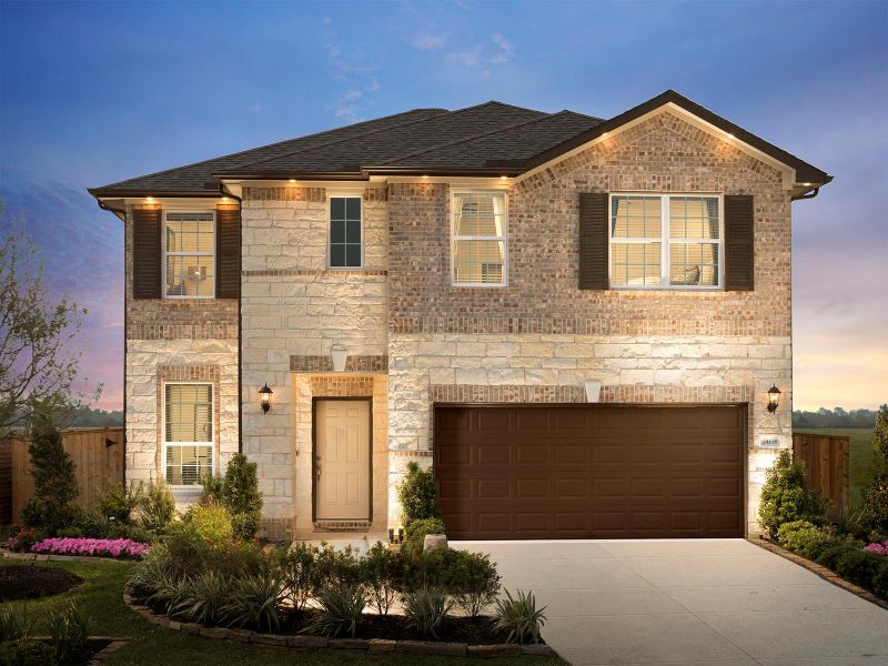 Front exterior of a new home in Heights of Barbers Hill, Baytown, TX, highlighting curb appeal (Image 1). Front exterior of a new home in Heights of Barbers Hill, Baytown, TX, highlighting curb appeal (Image 1).