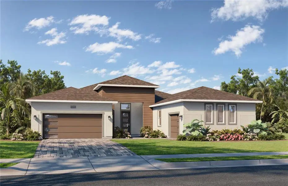 Front exterior of a new home in River Preserve Estates, Parrish, FL, highlighting curb appeal (Image 1). Front exterior of a new home in River Preserve Estates, Parrish, FL, highlighting curb appeal (Image 1).