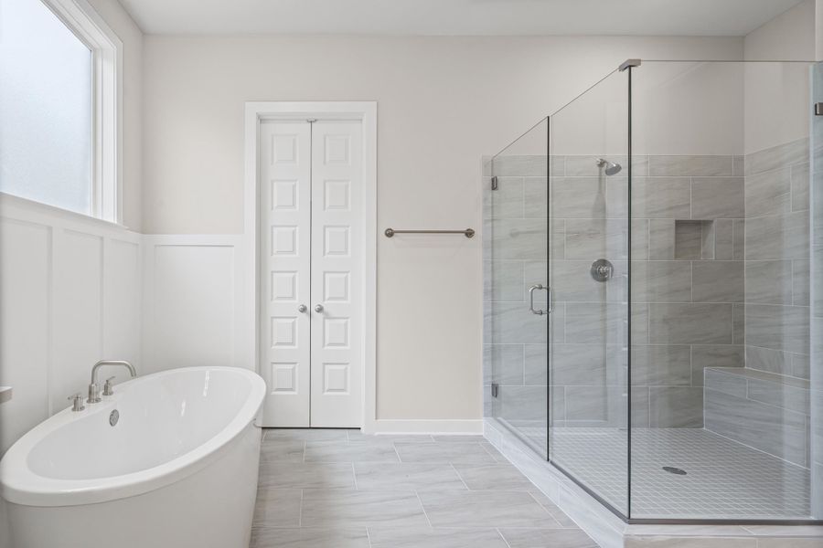 Full bathroom with a soaking tub and a stall shower