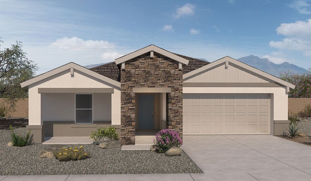 Front exterior of a new home in Barnett Village, Marana, AZ, highlighting curb appeal (Image 1).