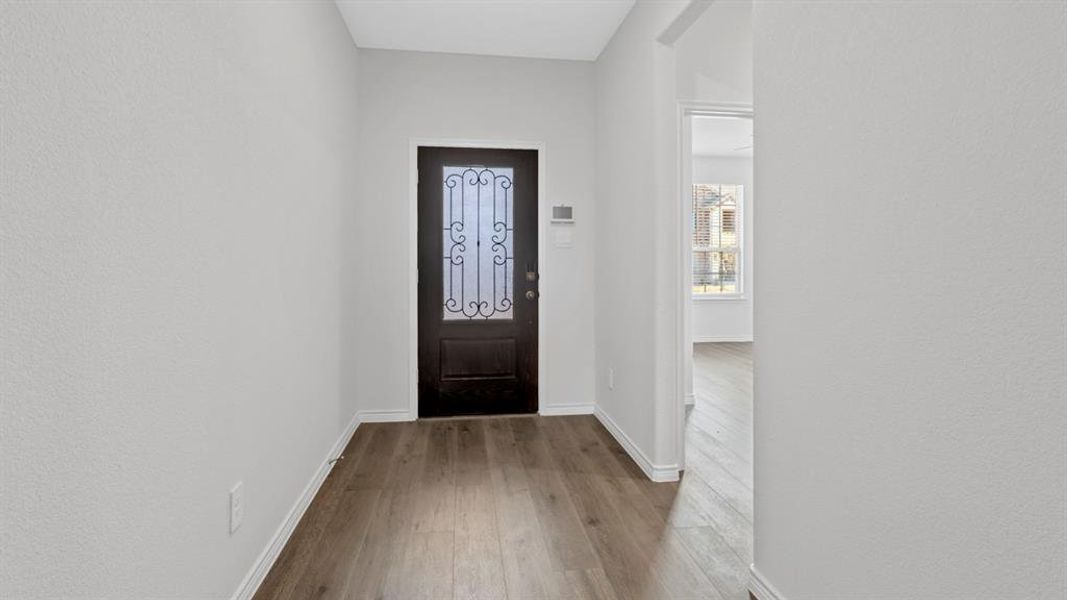Entryway featuring a dark wood door with decorative glass inserts, wood-finish flooring, white baseboards, and light-toned walls