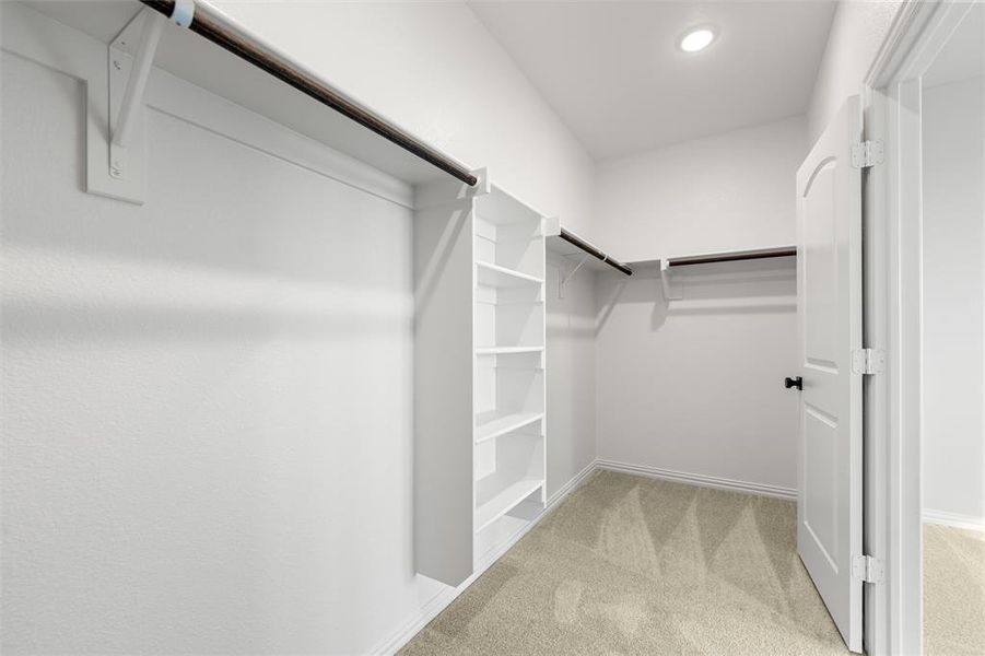 Walk in closet featuring light carpet Walk in closet featuring light carpet