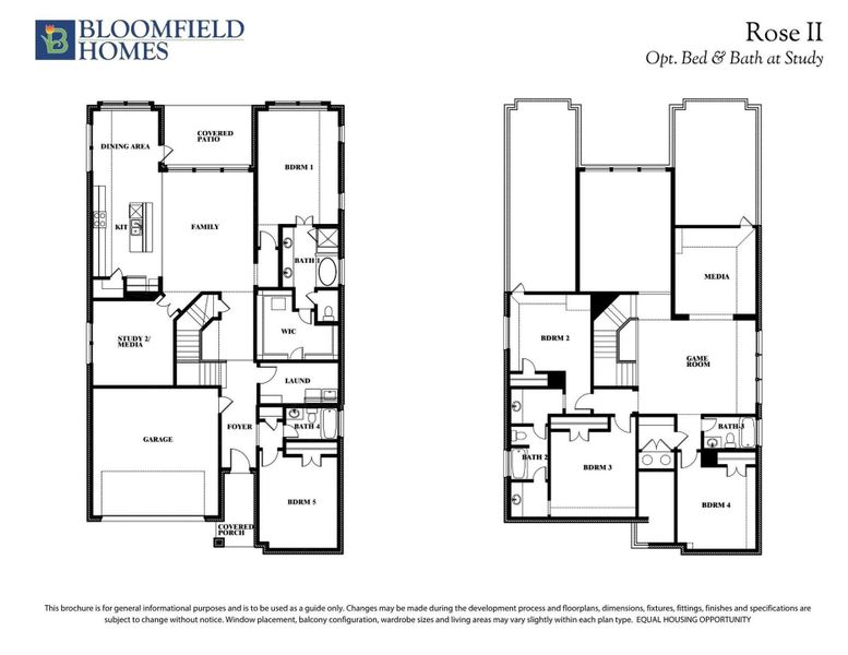 Bloomfield Homes Rose II two-story floor plan with five bedrooms, game room, media room, and covered patio. Bloomfield Homes Rose II two-story floor plan with five bedrooms, game room, media room, and covered patio.