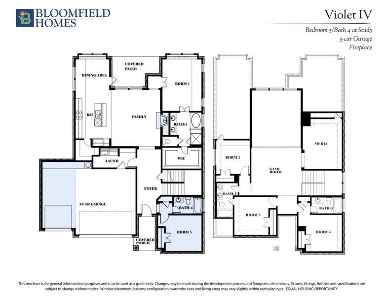 Bloomfield Homes Violet IV floor plan with 5 bedrooms, 4 baths, 3-car garage, and two-story layout.