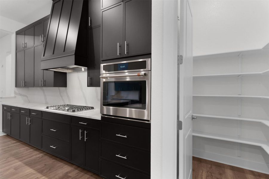 Kitchen featuring dark cabinets, stainless steel appliances, premium range hood, and dark wood-style floors