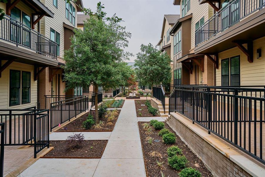 Modern townhome community featuring a central walkway and landscaped grounds Modern townhome community featuring a central walkway and landscaped grounds