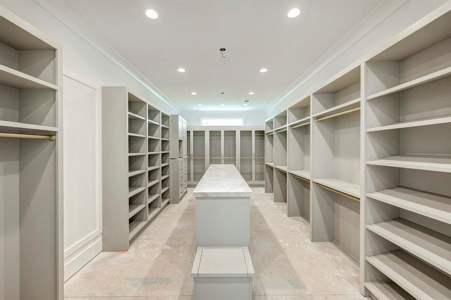 His closet with suit storage beyond the island as of April 17, 2025. His closet with suit storage beyond the island as of April 17, 2025.