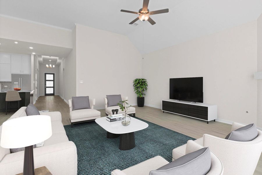 Spacious secondary living area or flexible game/media room with ceiling fan and open layout, ideal for relaxing or entertaining. *Virtually Staged*