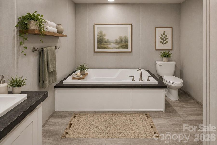 Virtually staged primary bathroom Virtually staged primary bathroom