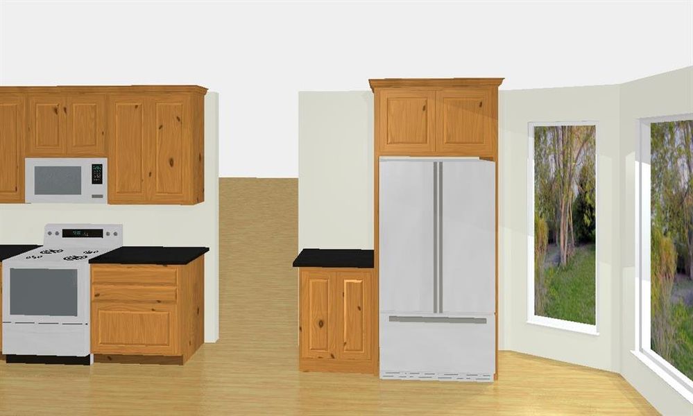 Mock up of new fridge and cabinet area. There will also be a space created for a dishwasher. Mock up of new fridge and cabinet area. There will also be a space created for a dishwasher.