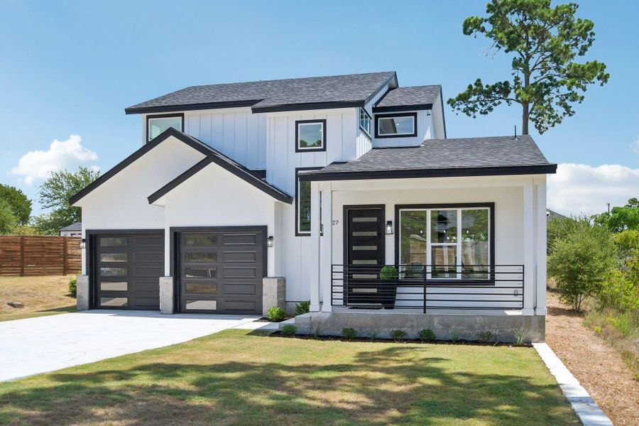 Clean modern architectural lines define this striking facade with contrasting dark trim and a welcoming porch. Clean modern architectural lines define this striking facade with contrasting dark trim and a welcoming porch.