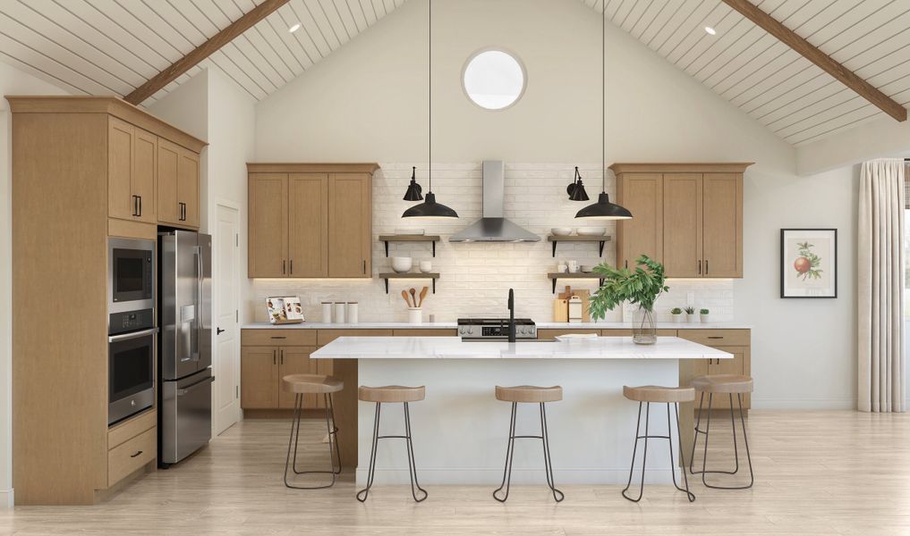 Kitchen with vaulted ceiling and stained ceiling beams