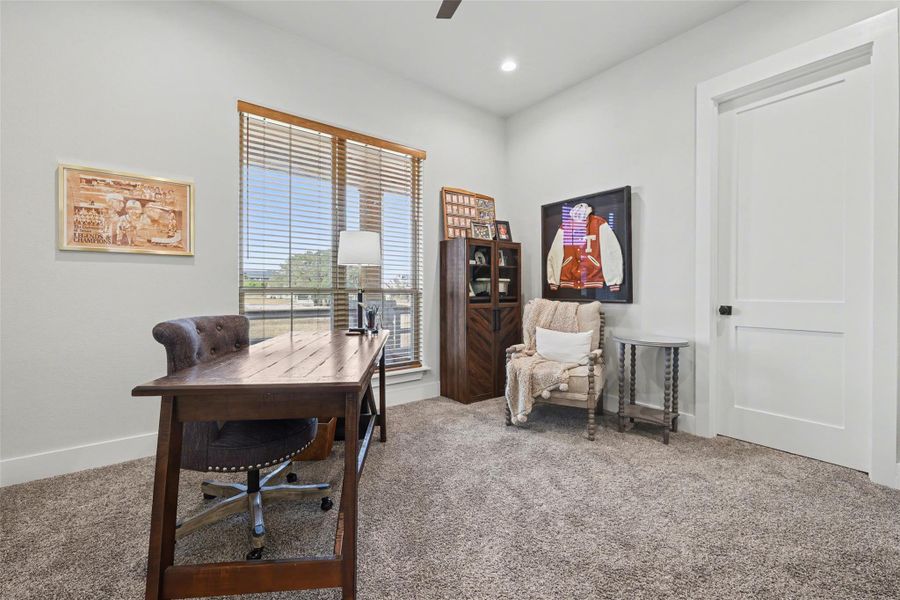 Bedroom #4 used at Home office with carpet, a ceiling fan, and recessed lighting