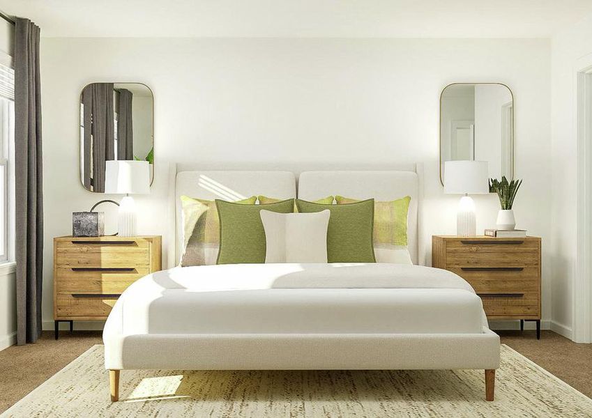 Rendering of the spacious master bedroom
  with a large window, spacious bed and two nightstands.