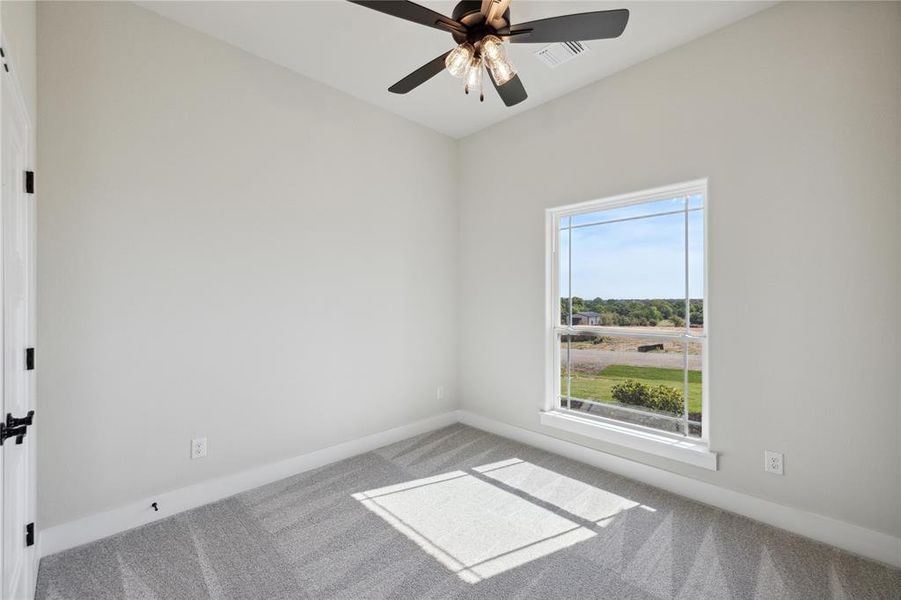 Carpeted spare room with ceiling fan and plenty of natural light