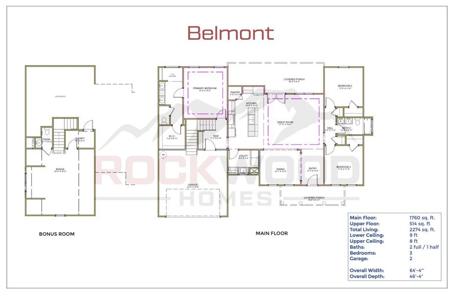 2D floor plan layout for the Belmont by Rockwood Homes in Bellshire, Clarksville, TN (Image 3).
