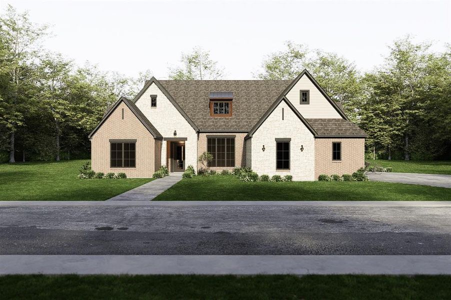 Architect's Rendering View of front of property featuring stone siding, brick siding, roof with shingles, and a front lawn