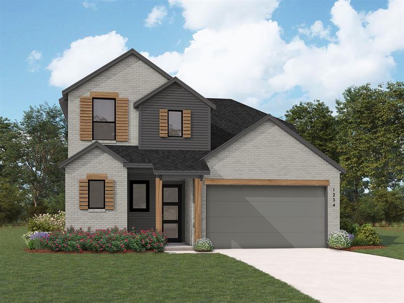 Front exterior of a new home in Sandbrock Ranch, Aubrey, TX, highlighting curb appeal (Image 1). Front exterior of a new home in Sandbrock Ranch, Aubrey, TX, highlighting curb appeal (Image 1).