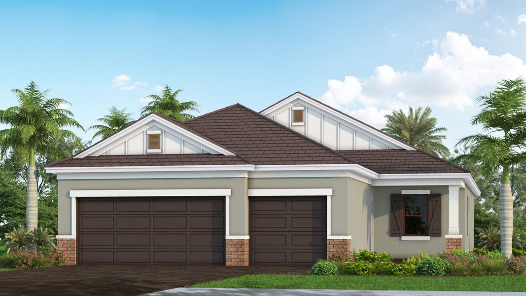 Front exterior of a new home in Windward, Lakewood Ranch, FL, highlighting curb appeal (Image 18). Front exterior of a new home in Windward, Lakewood Ranch, FL, highlighting curb appeal (Image 18).