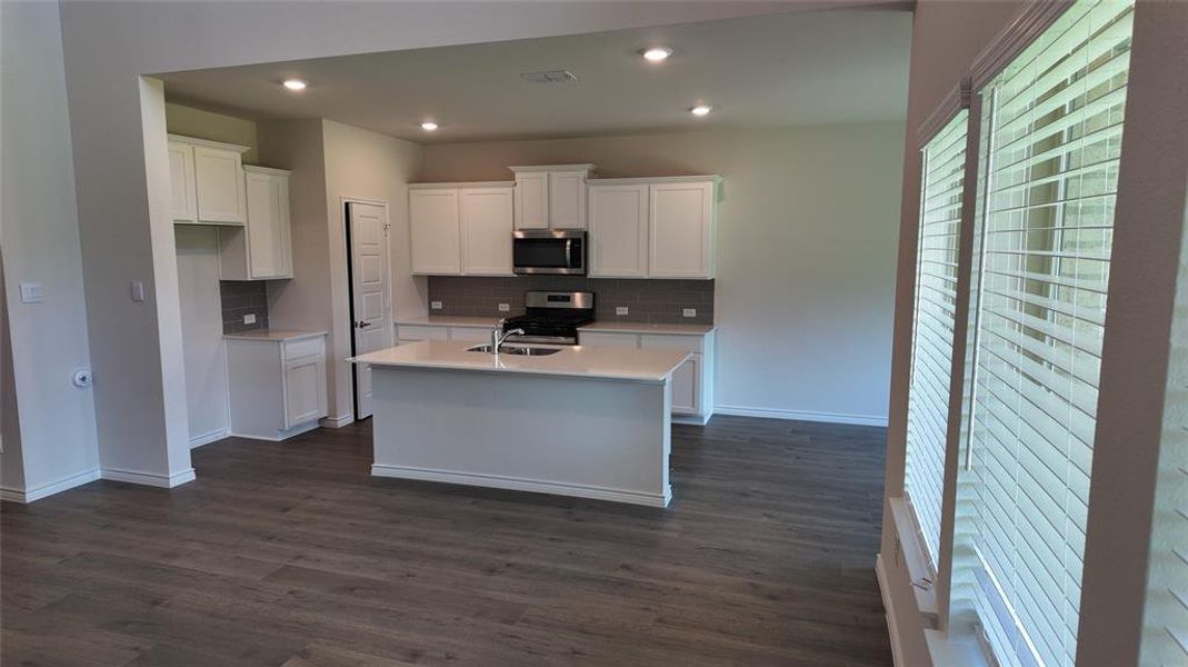 Kitchen featuring tasteful backsplash, dark wood-style floors, stainless steel appliances, and recessed lighting