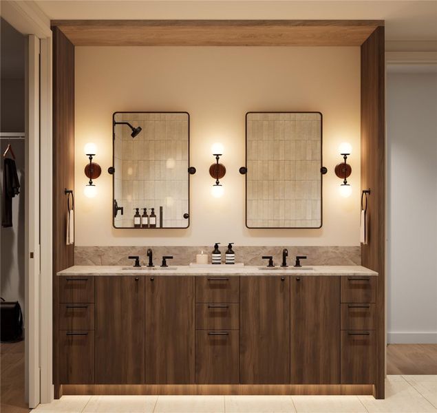 Primary bathroom in the Trailhead palette. Honed travertine tile with a soft latte vein offers subtle variation and warmth. The sage shower wall tile introduces a hint of color in a clean vertical stack. Polished quartzite counters in a soft Vancouver gray complete the palette with an elevated, understated finish.