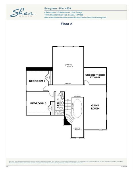 2D floor plan layout of this home in Evergreen 55', Conroe, TX (Image 3).