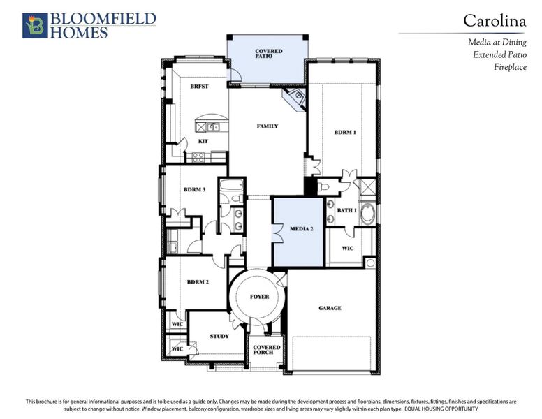 Bloomfield Homes Carolina floor plan showing three bedrooms, media room, study, family room, and covered patio with garage.