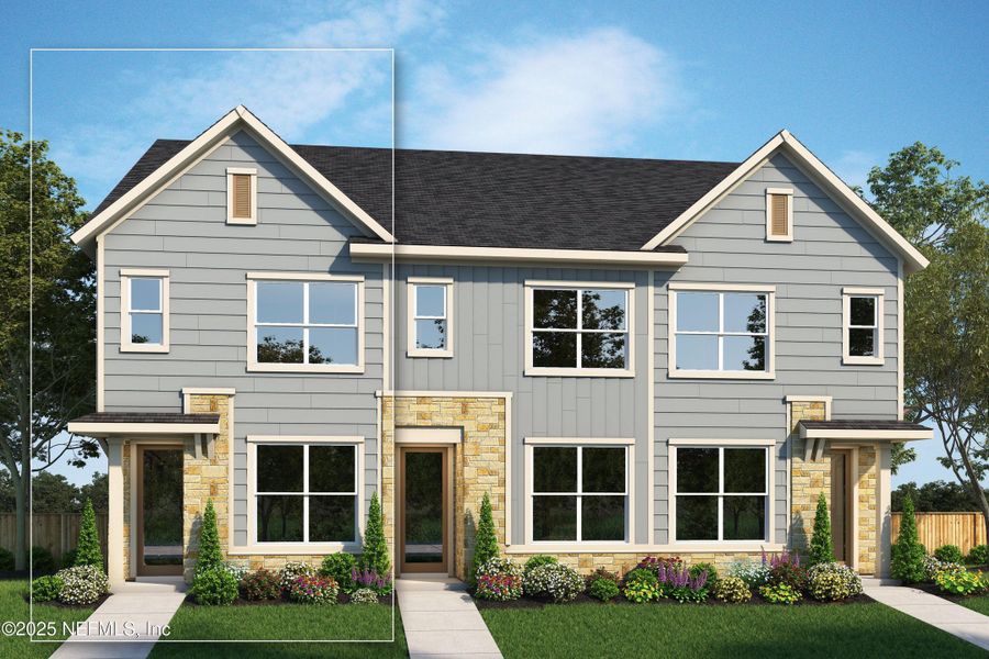 Front exterior of a new home in Kettering at eTown - Garden Collection, Jacksonville, FL, highlighting curb appeal (Image 1).