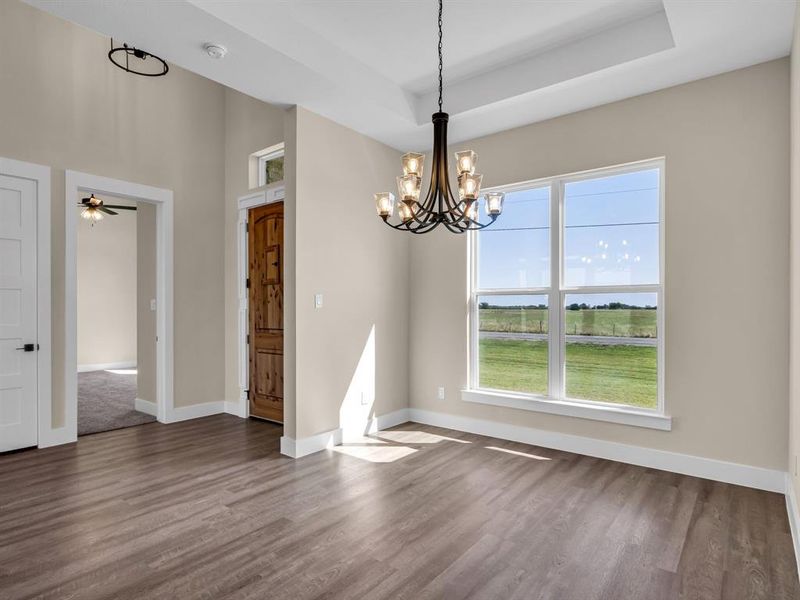 Unfurnished dining area featuring dark hardwood / wood-style floors, ceiling fan with notable chandelier, and a raised ceiling