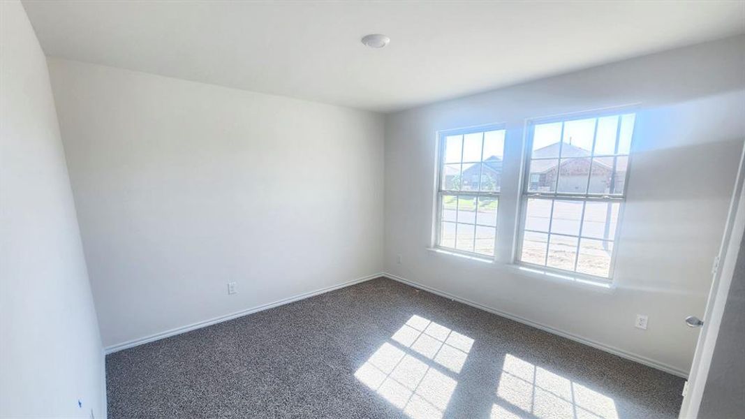 Carpeted interior space featuring two windows with grid detailing, white walls, and a ceiling-mounted light fixture