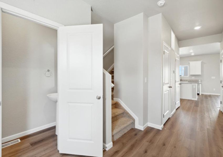 The foyer leads you from the front door to the family room, dining room and kitchen.