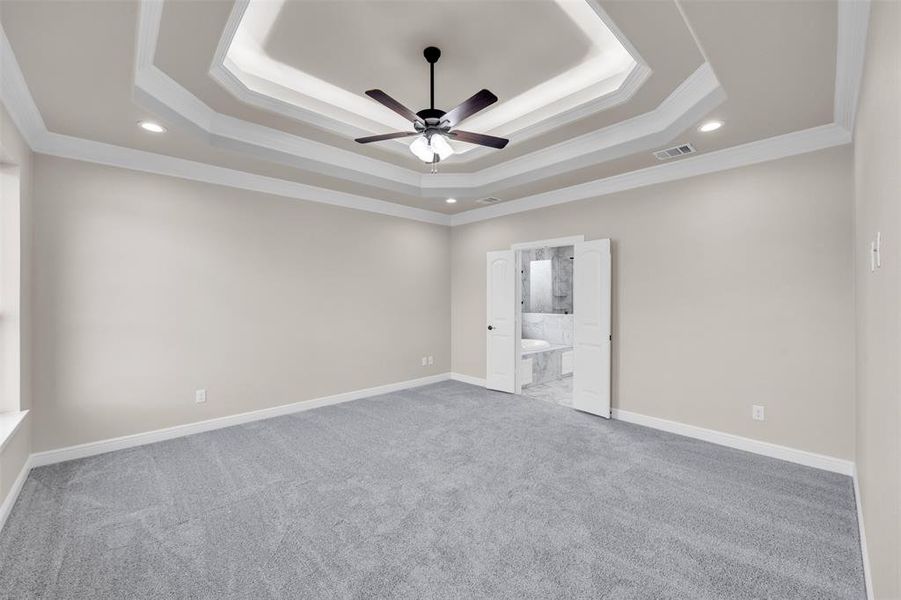 Spare room featuring a tray ceiling, carpet flooring, ceiling fan, and crown molding