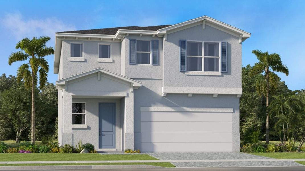 Front exterior of a new home in Riverwood at Everlands, Palm Bay, FL, highlighting curb appeal (Image 1). Front exterior of a new home in Riverwood at Everlands, Palm Bay, FL, highlighting curb appeal (Image 1).