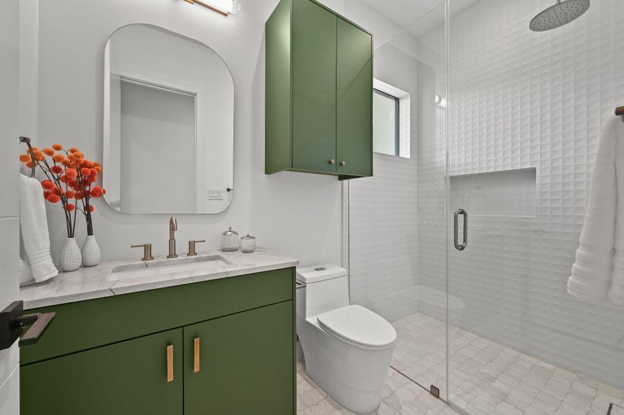 Full bathroom with vanity and a shower stall