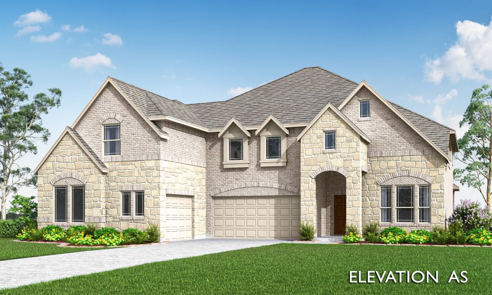 Two-story home with stone and brick exterior, three-car garage, arched entry, and landscaped front yard