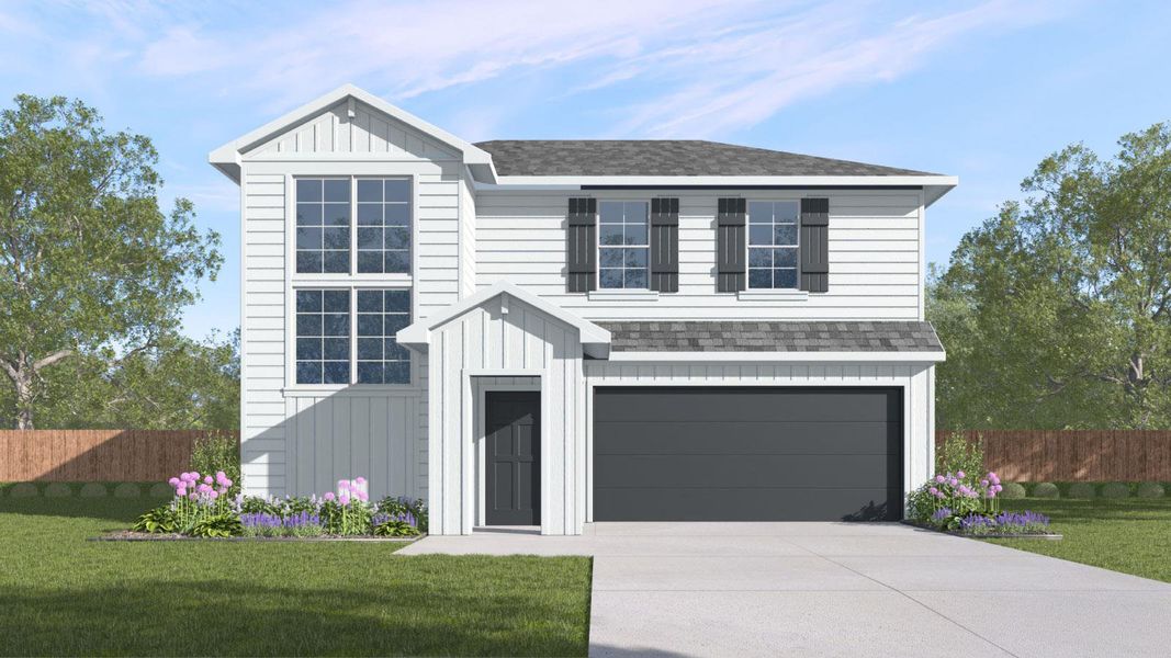 Front exterior of a new home in Valverde, Bastrop, TX, highlighting curb appeal (Image 1). Front exterior of a new home in Valverde, Bastrop, TX, highlighting curb appeal (Image 1).