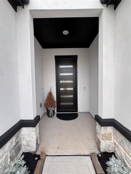 Stylish and modern entryway with a sleek black door featuring frosted glass panels, framed by a covered porch with stone accents and minimal landscaping.