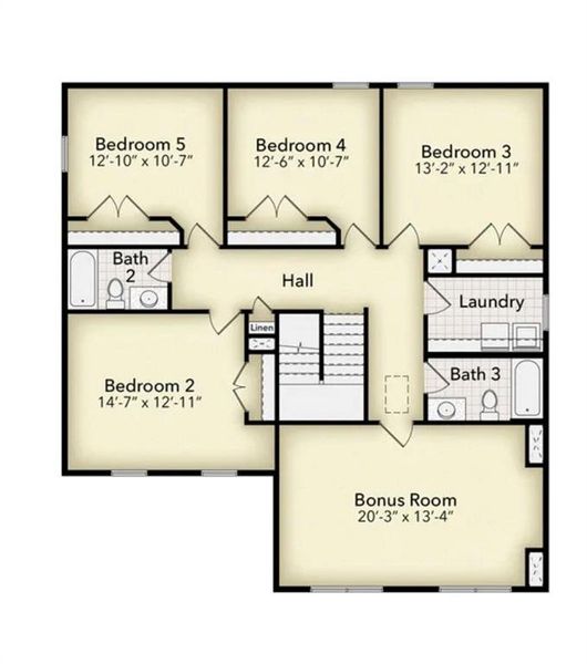 2D floor plan layout of this home in The Fields of Walnut Creek, Pendergrass, GA (Image 5).