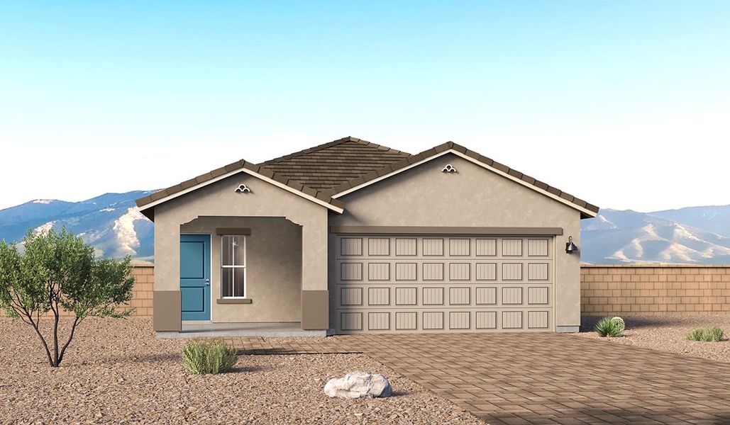 Front exterior of a new home in Entrada Del Toro at Rancho Sahuarita, Sahuarita, AZ, highlighting curb appeal (Image 1). Front exterior of a new home in Entrada Del Toro at Rancho Sahuarita, Sahuarita, AZ, highlighting curb appeal (Image 1).