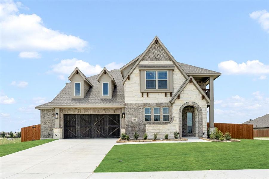 Front exterior of a new home in The Oasis at North Grove 75-80, Waxahachie, TX, highlighting curb appeal (Image 22). Front exterior of a new home in The Oasis at North Grove 75-80, Waxahachie, TX, highlighting curb appeal (Image 22).