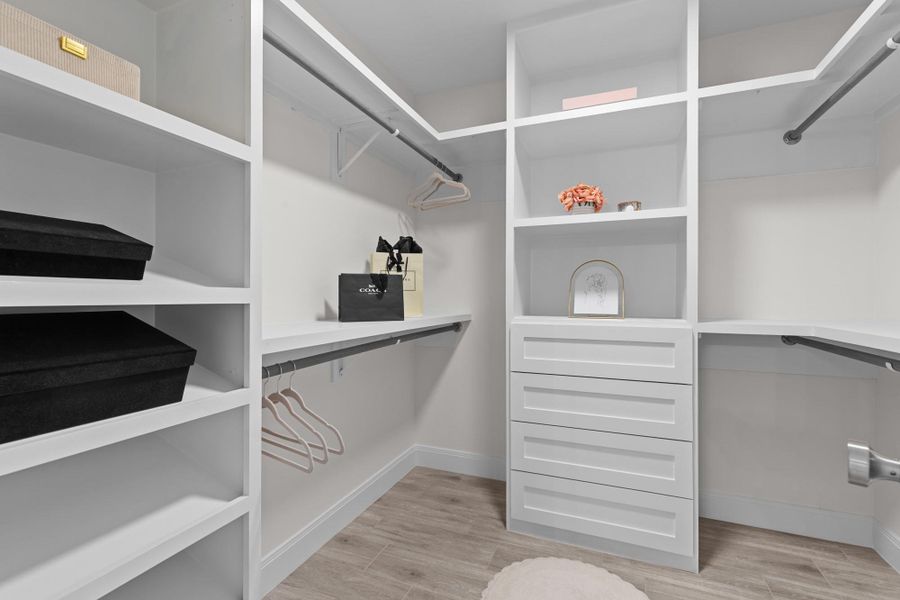 Large primary closet with lots of shelving