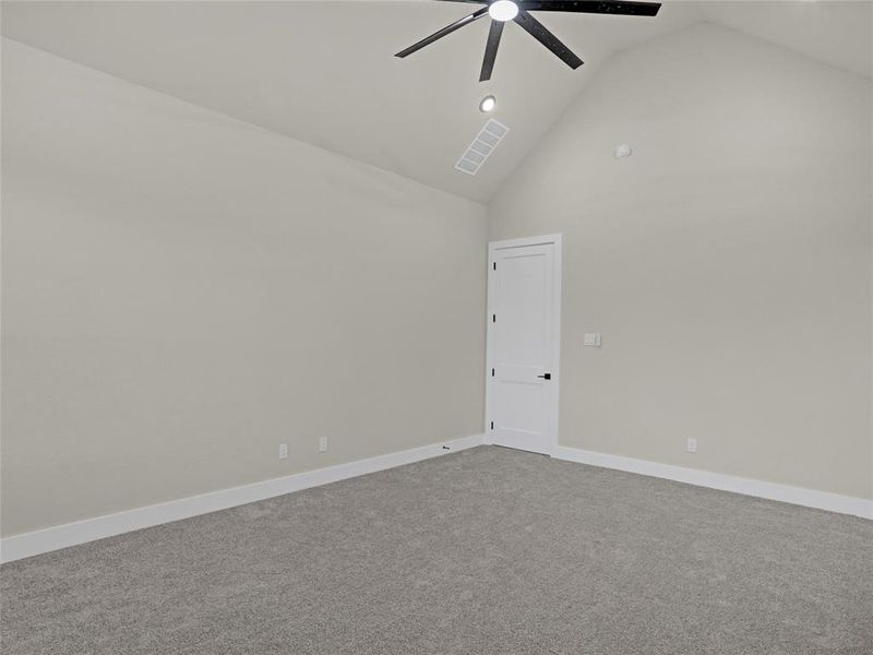 Carpeted spare room featuring lofted ceiling and ceiling fan