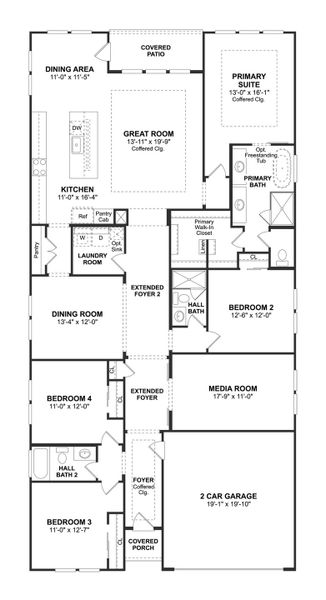2D floor plan layout for the Warren by K. Hovnanian® Homes in Bent Tree Meadows, Celina, TX (Image 3).