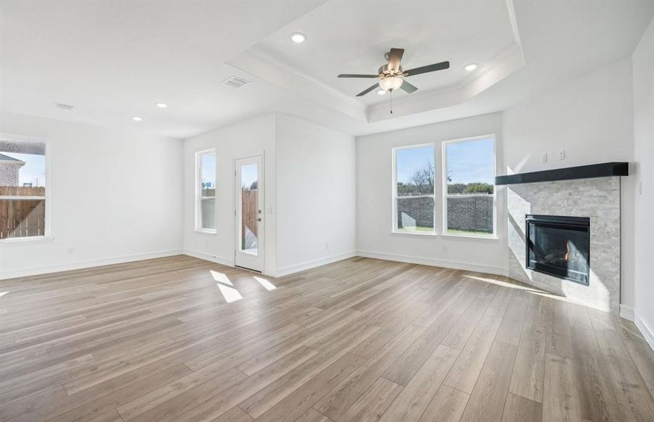 Living room open to kitchen and dining